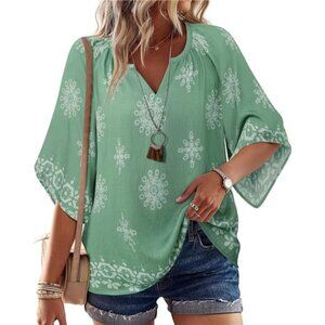 Bohemian V-Neck Tunic Top – 3/4 Bell Sleeve Boho Blouse